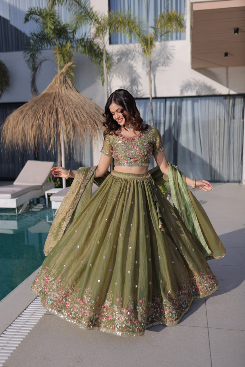 Womenline Olive Green Floral Embroidered Lehenga Set with Dupatta