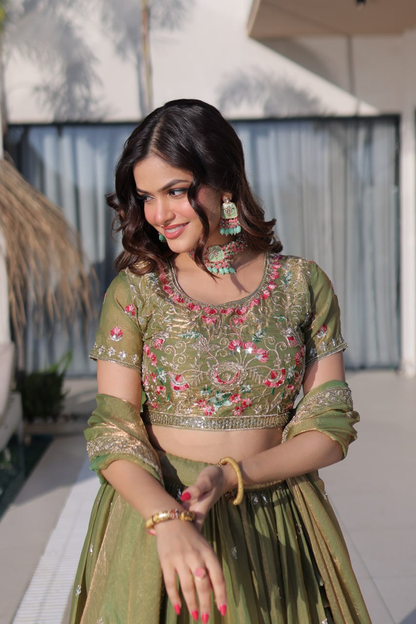 Womenline Olive Green Floral Embroidered Lehenga Set with Dupatta
