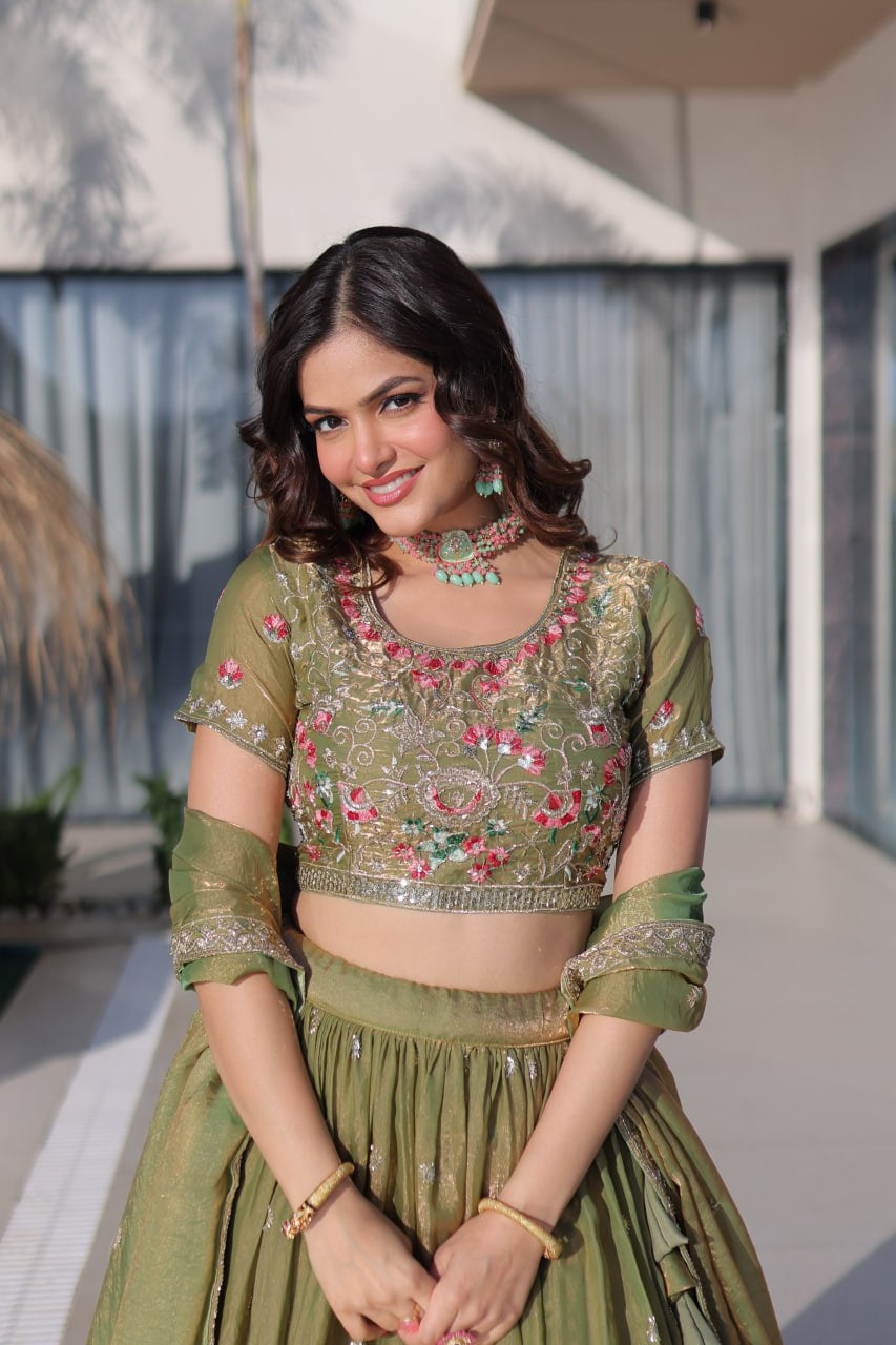 Womenline Olive Green Floral Embroidered Lehenga Set with Dupatta