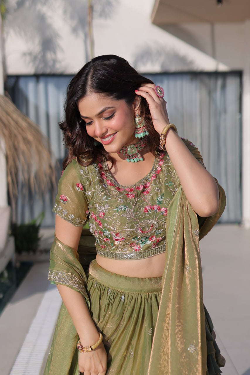Womenline Olive Green Floral Embroidered Lehenga Set with Dupatta