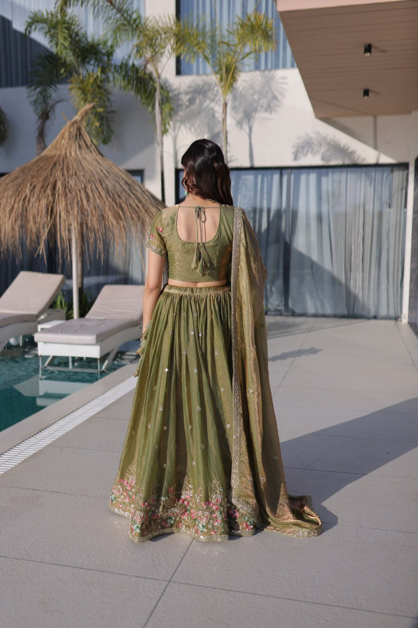 Womenline Olive Green Floral Embroidered Lehenga Set with Dupatta