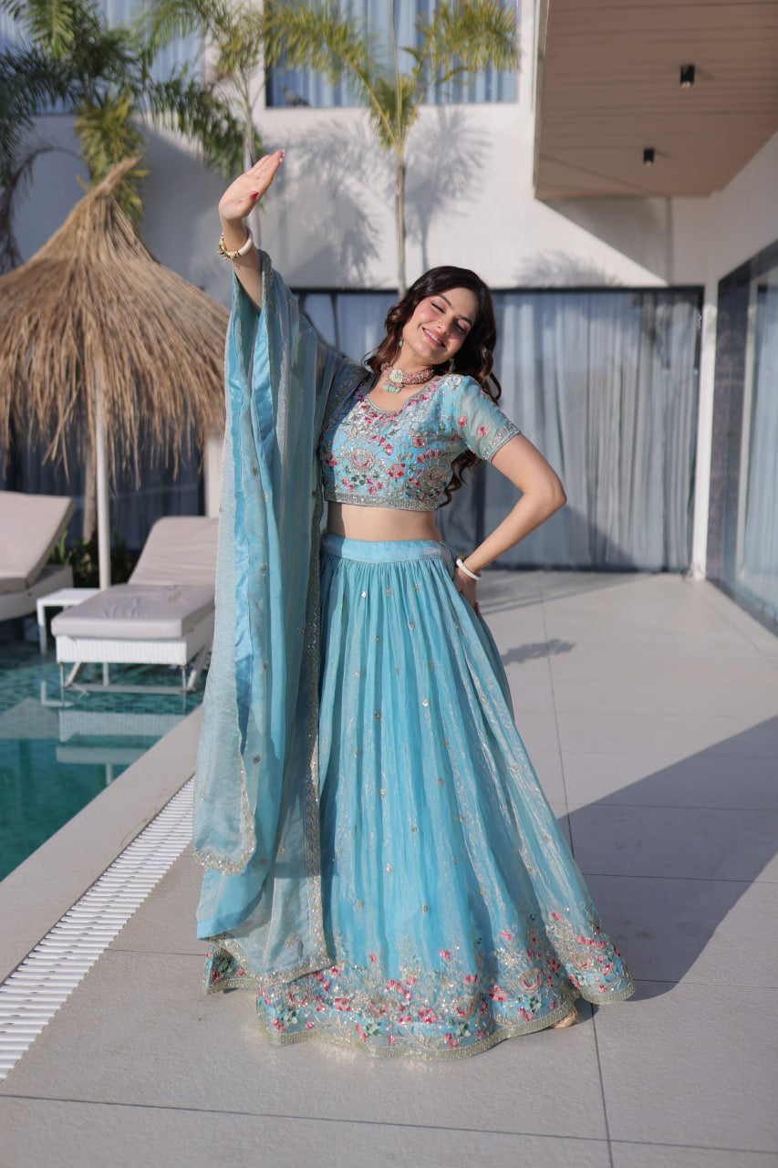 Womenline Sky Blue Floral Embroidered Lehenga Set with Dupatta