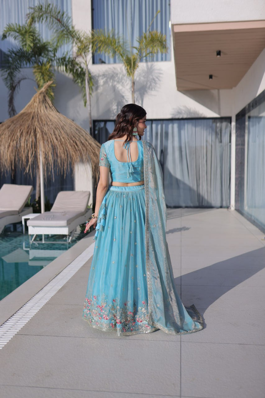 Womenline Sky Blue Floral Embroidered Lehenga Set with Dupatta