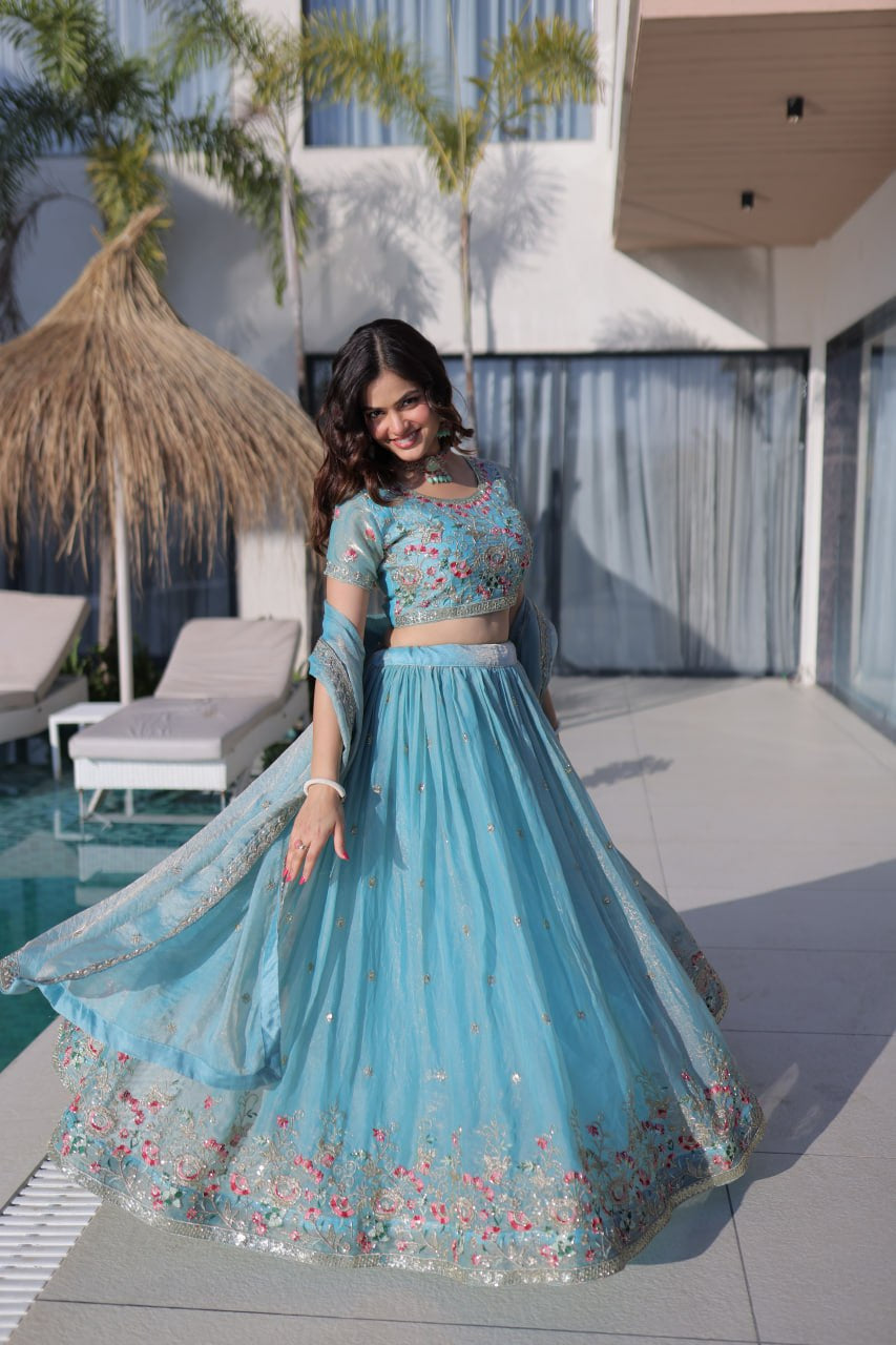 Womenline Sky Blue Floral Embroidered Lehenga Set with Dupatta