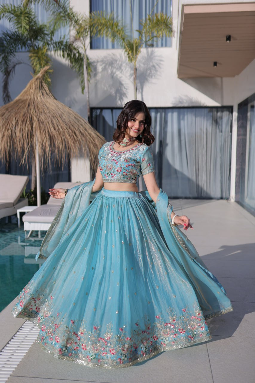 Womenline Sky Blue Floral Embroidered Lehenga Set with Dupatta
