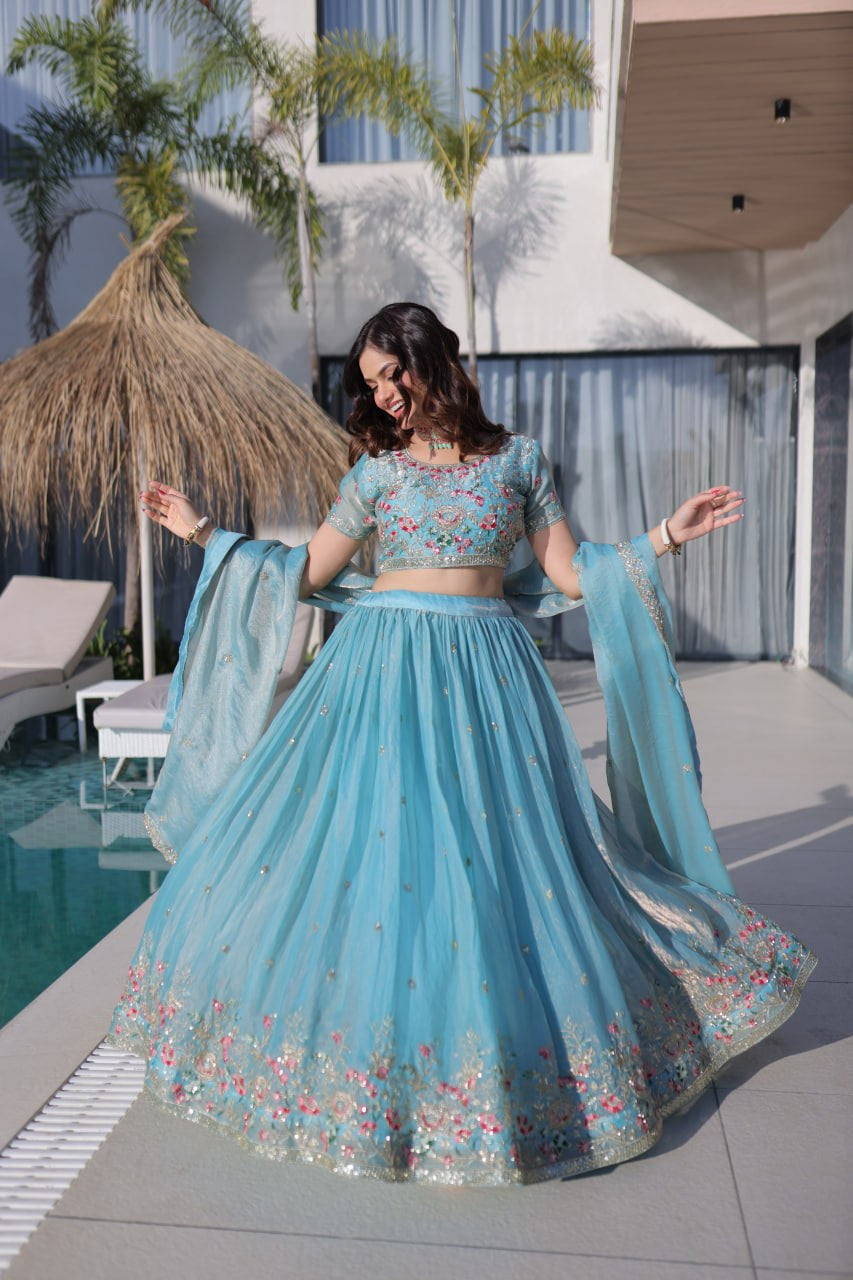 Womenline Sky Blue Floral Embroidered Lehenga Set with Dupatta