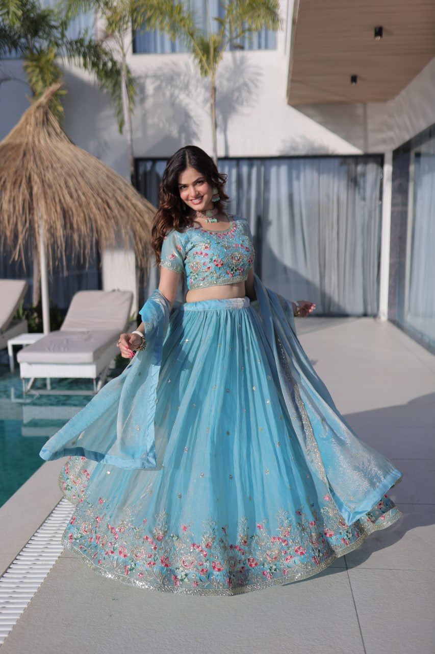 Womenline Sky Blue Floral Embroidered Lehenga Set with Dupatta