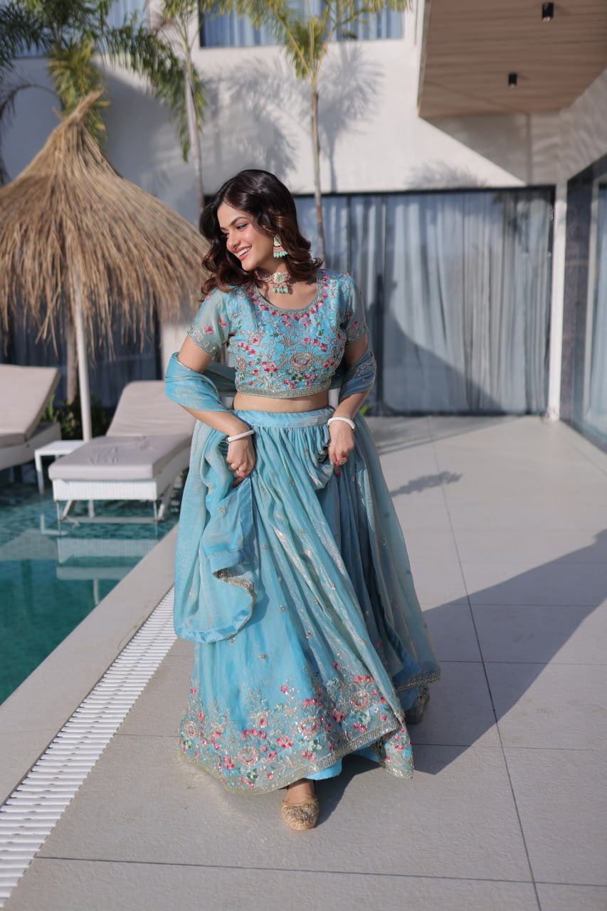 Womenline Sky Blue Floral Embroidered Lehenga Set with Dupatta