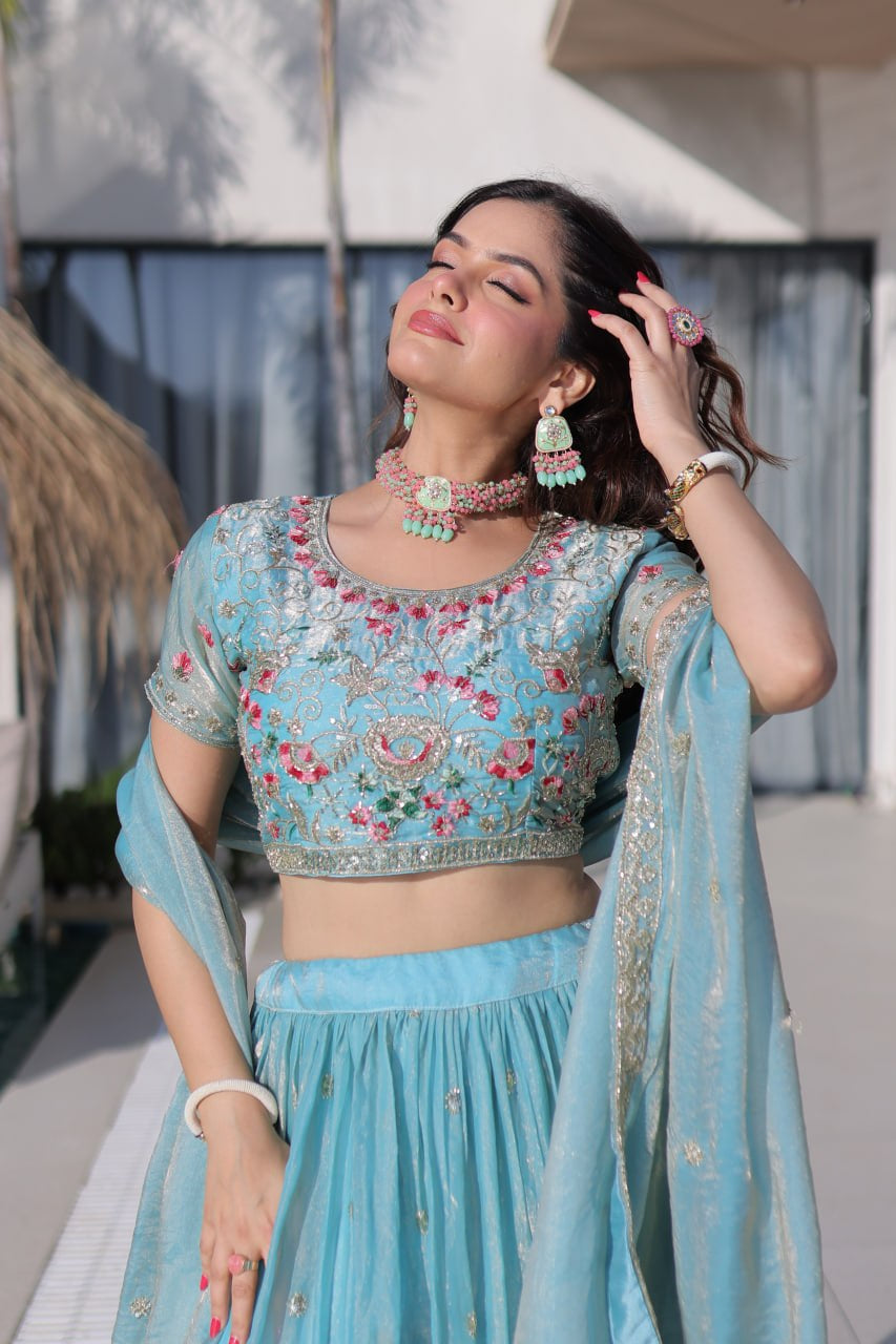 Womenline Sky Blue Floral Embroidered Lehenga Set with Dupatta