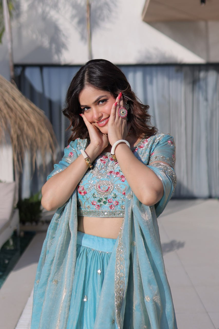 Womenline Sky Blue Floral Embroidered Lehenga Set with Dupatta