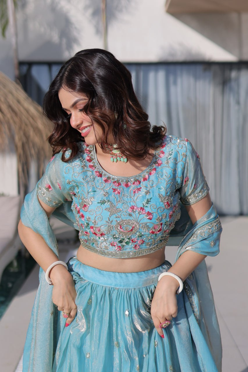Womenline Sky Blue Floral Embroidered Lehenga Set with Dupatta