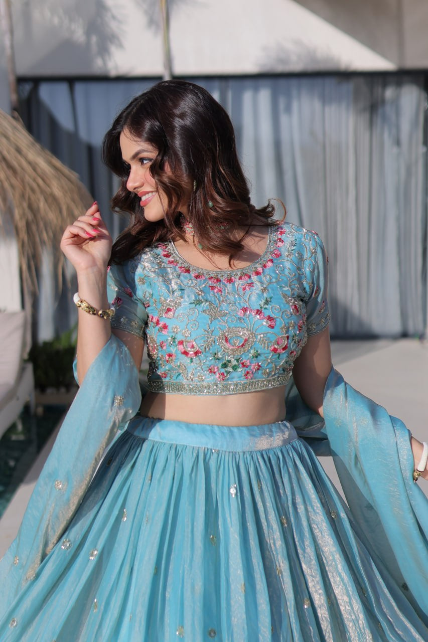 Womenline Sky Blue Floral Embroidered Lehenga Set with Dupatta