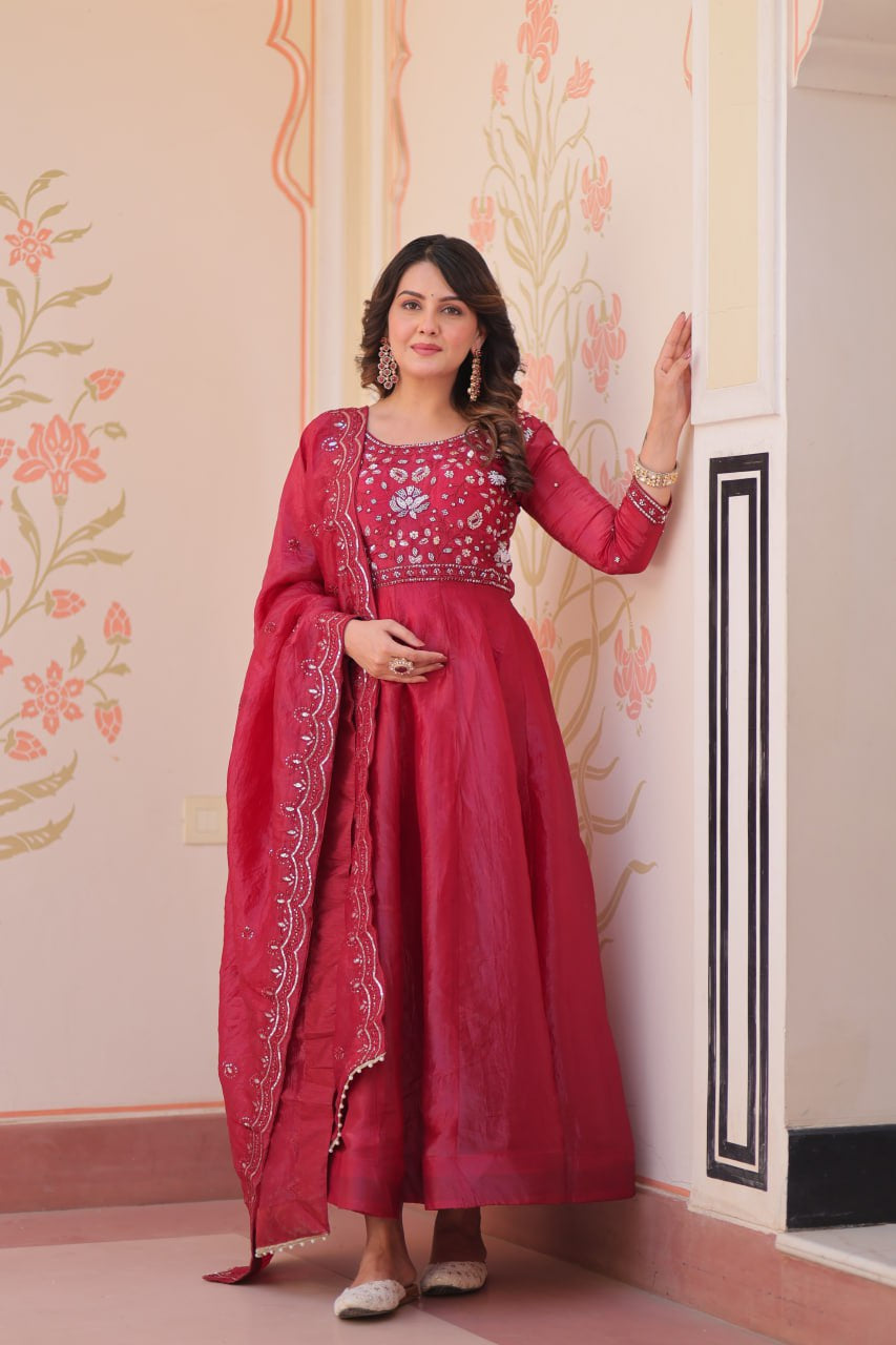 Womenline Ruby Red Color Gown with Dupatta
