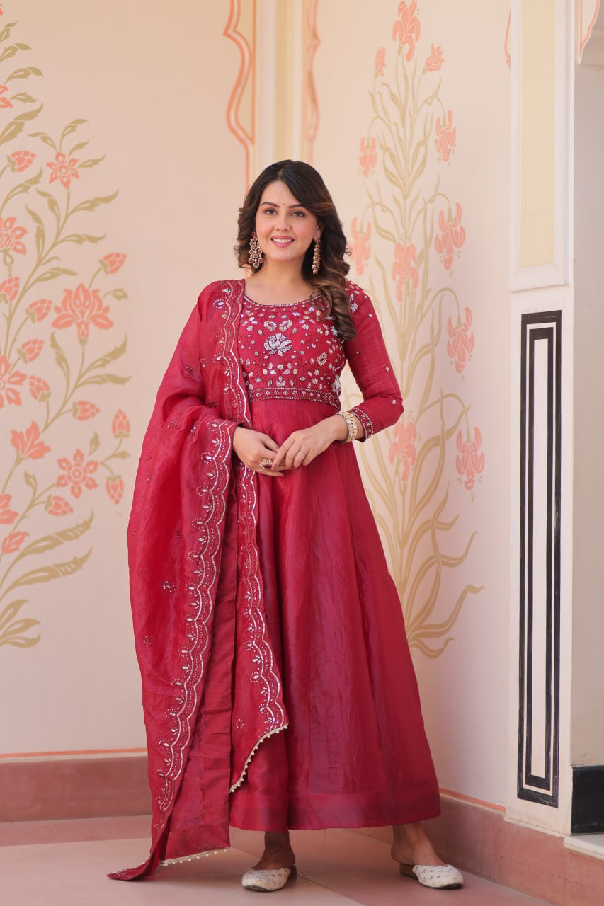 Womenline Ruby Red Color Gown with Dupatta