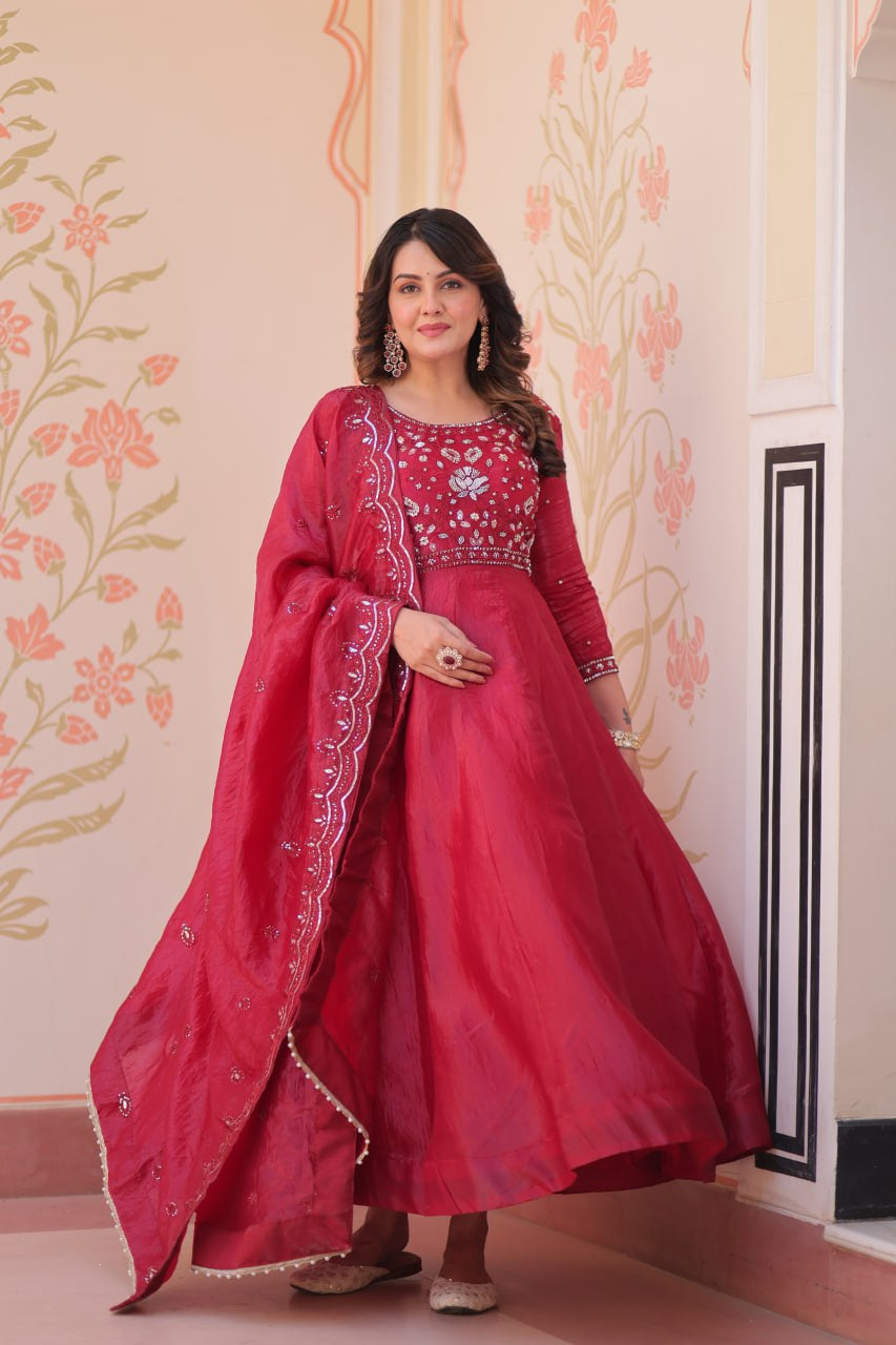 Womenline Ruby Red Color Gown with Dupatta