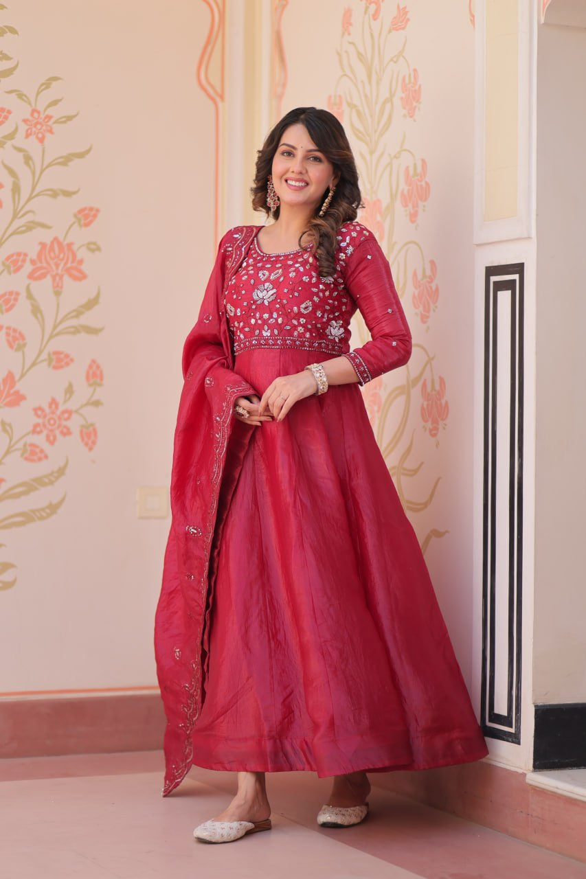 Womenline Ruby Red Color Gown with Dupatta