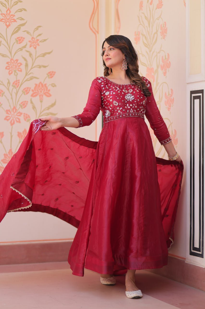Womenline Ruby Red Color Gown with Dupatta