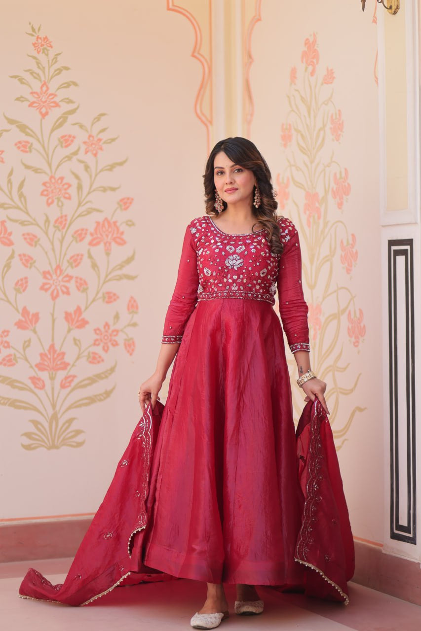 Womenline Ruby Red Color Gown with Dupatta