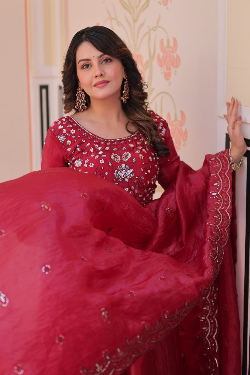 Womenline Ruby Red Color Gown with Dupatta