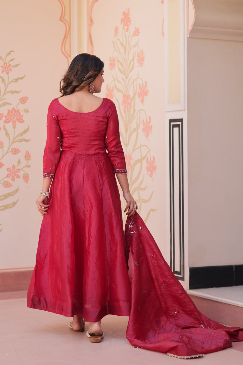 Womenline Ruby Red Color Gown with Dupatta