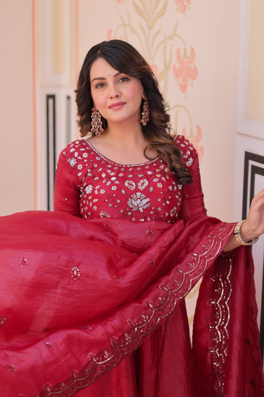 Womenline Ruby Red Color Gown with Dupatta