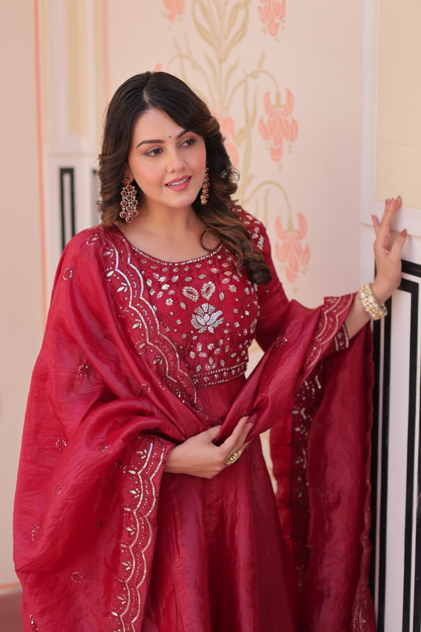 Womenline Ruby Red Color Gown with Dupatta