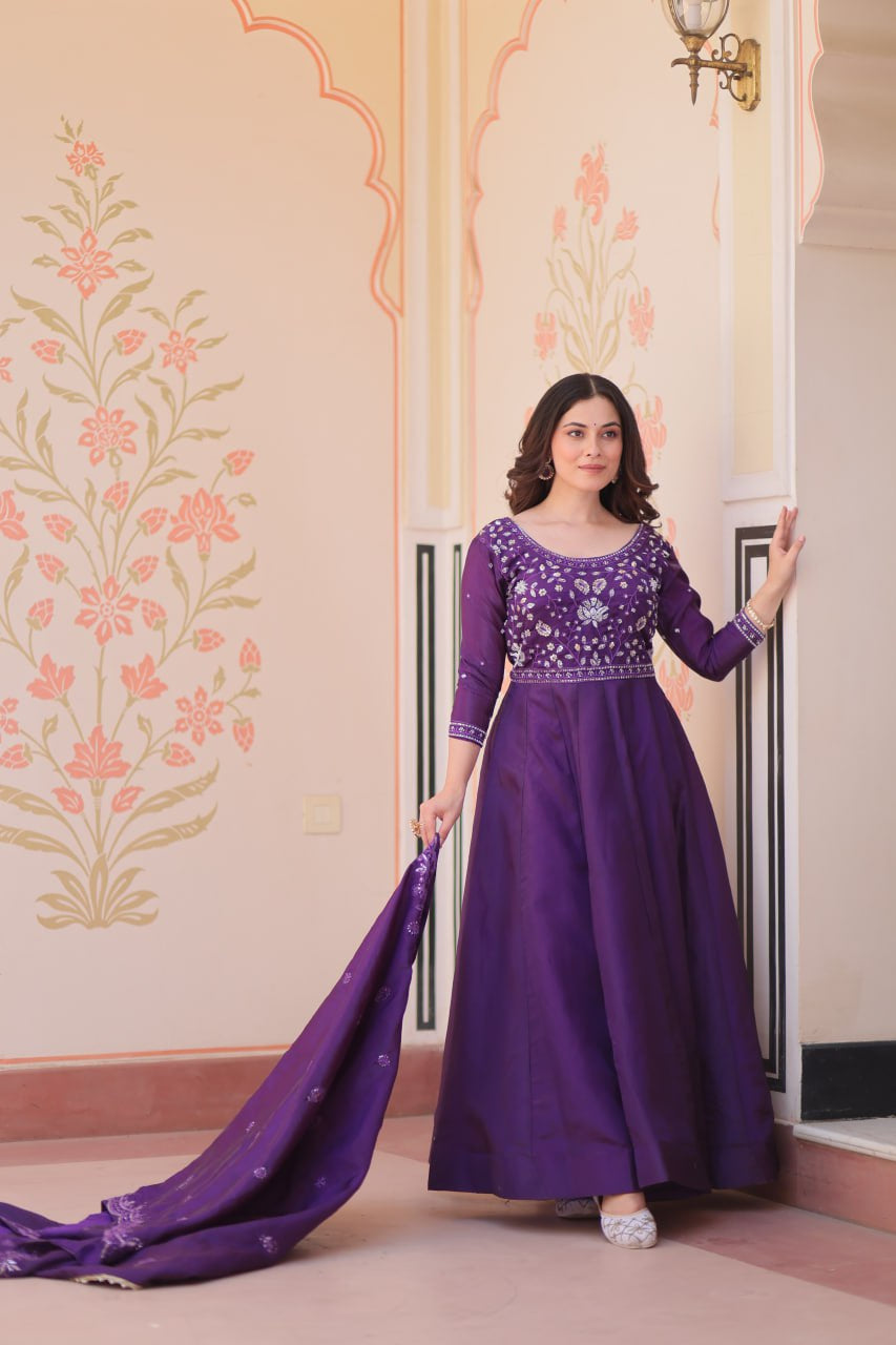 Womenline Royal Purple Color Gown with Dupatta