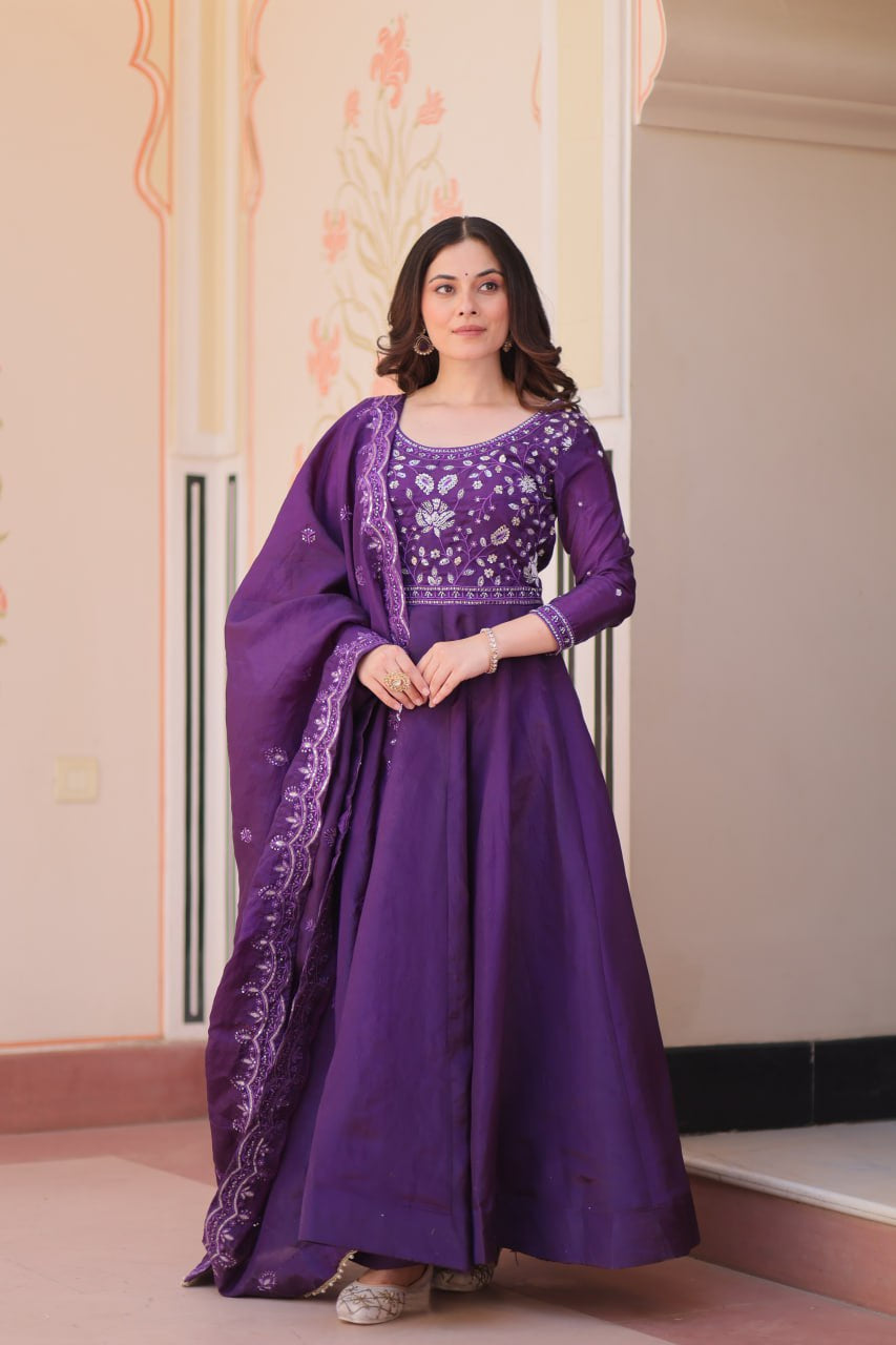 Womenline Royal Purple Color Gown with Dupatta