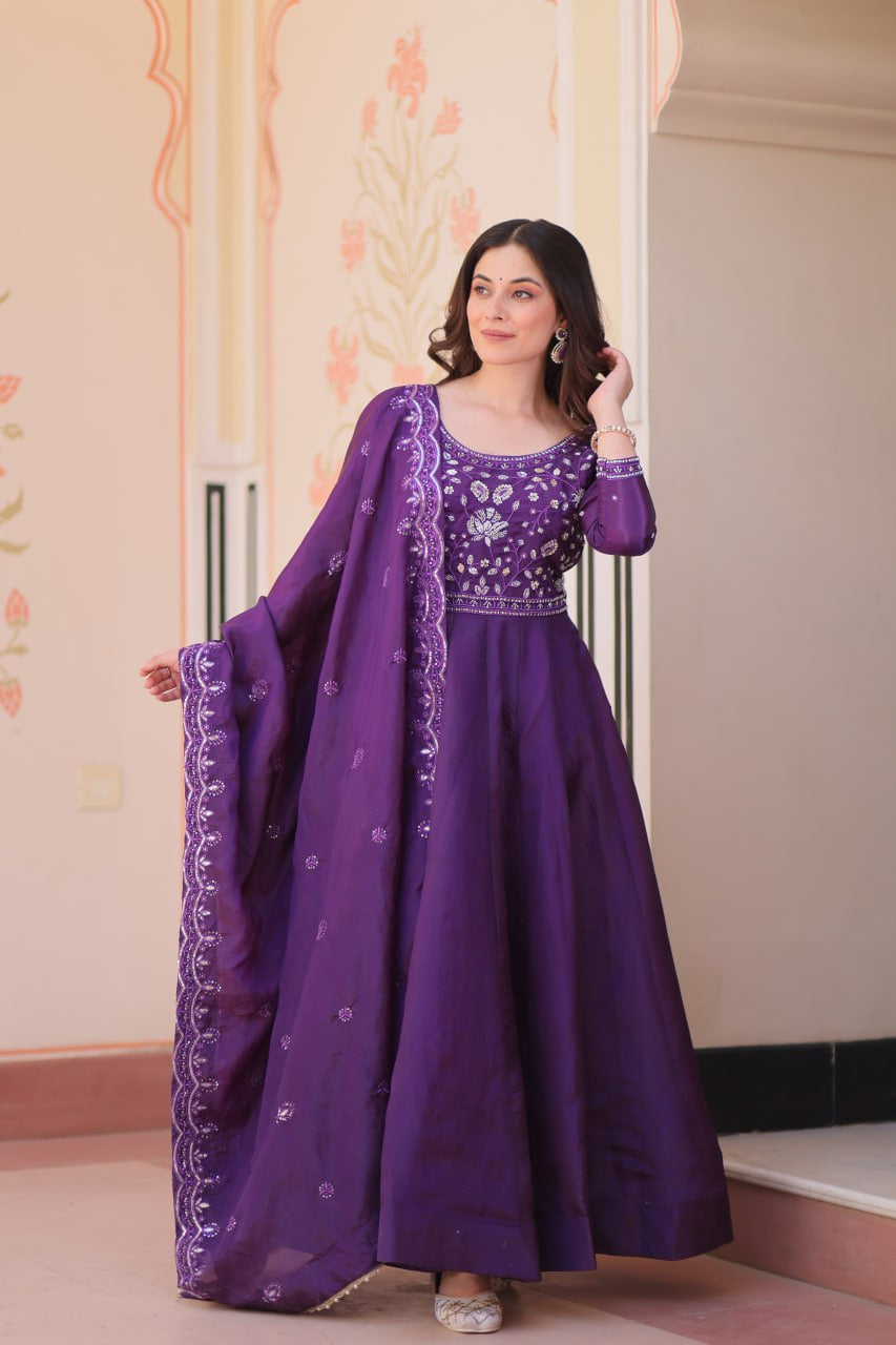 Womenline Royal Purple Color Gown with Dupatta