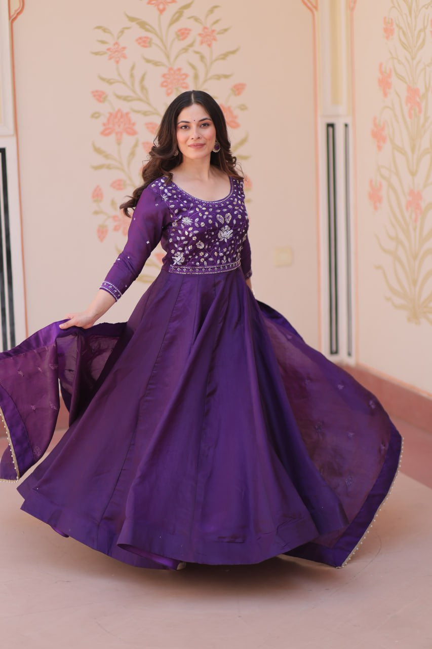 Womenline Royal Purple Color Gown with Dupatta