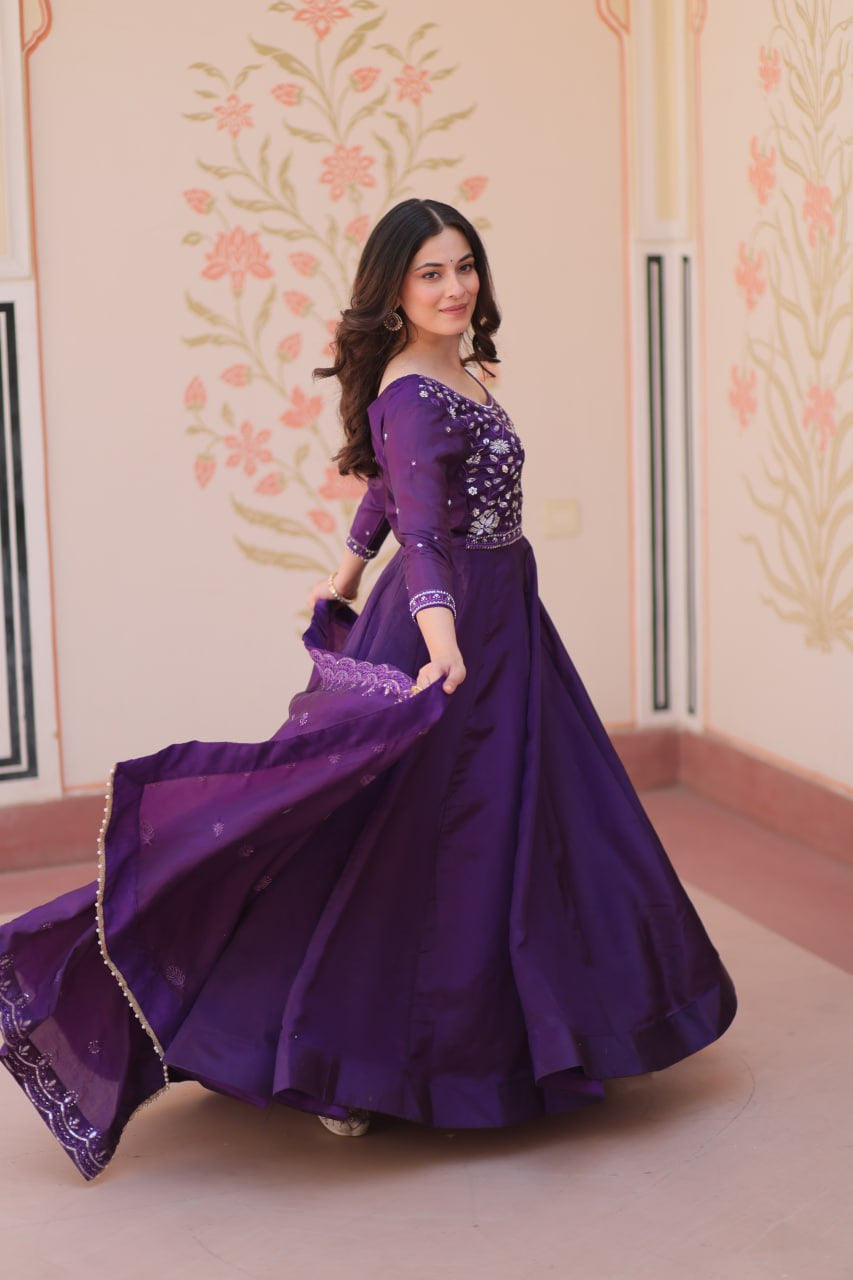 Womenline Royal Purple Color Gown with Dupatta