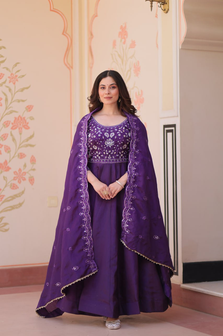 Womenline Royal Purple Color Gown with Dupatta