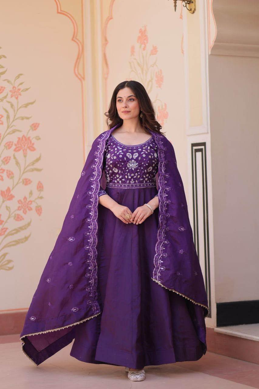 Womenline Royal Purple Color Gown with Dupatta