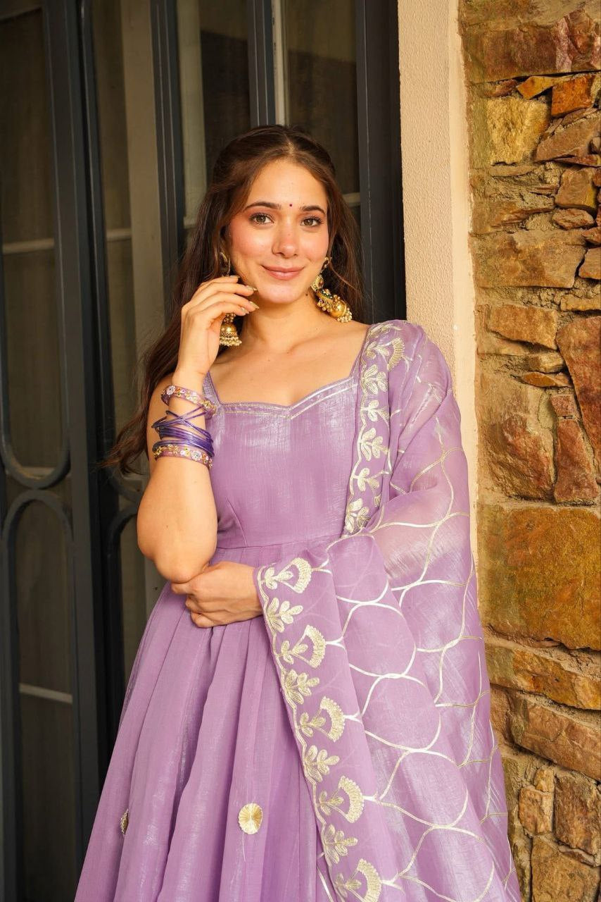 Womenline Lavender Flared Anarkali Sharara Set with Embroidered Dupatta