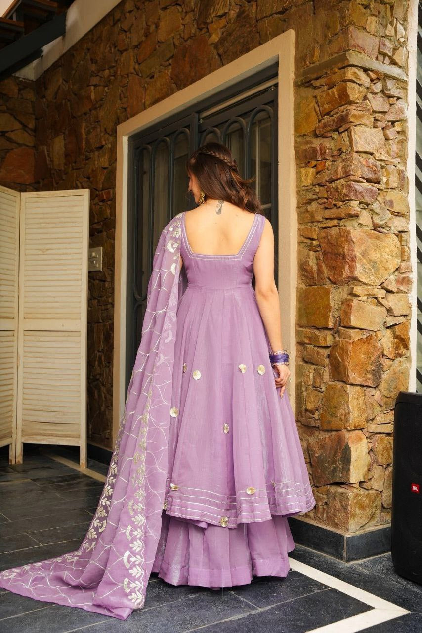 Womenline Lavender Flared Anarkali Sharara Set with Embroidered Dupatta