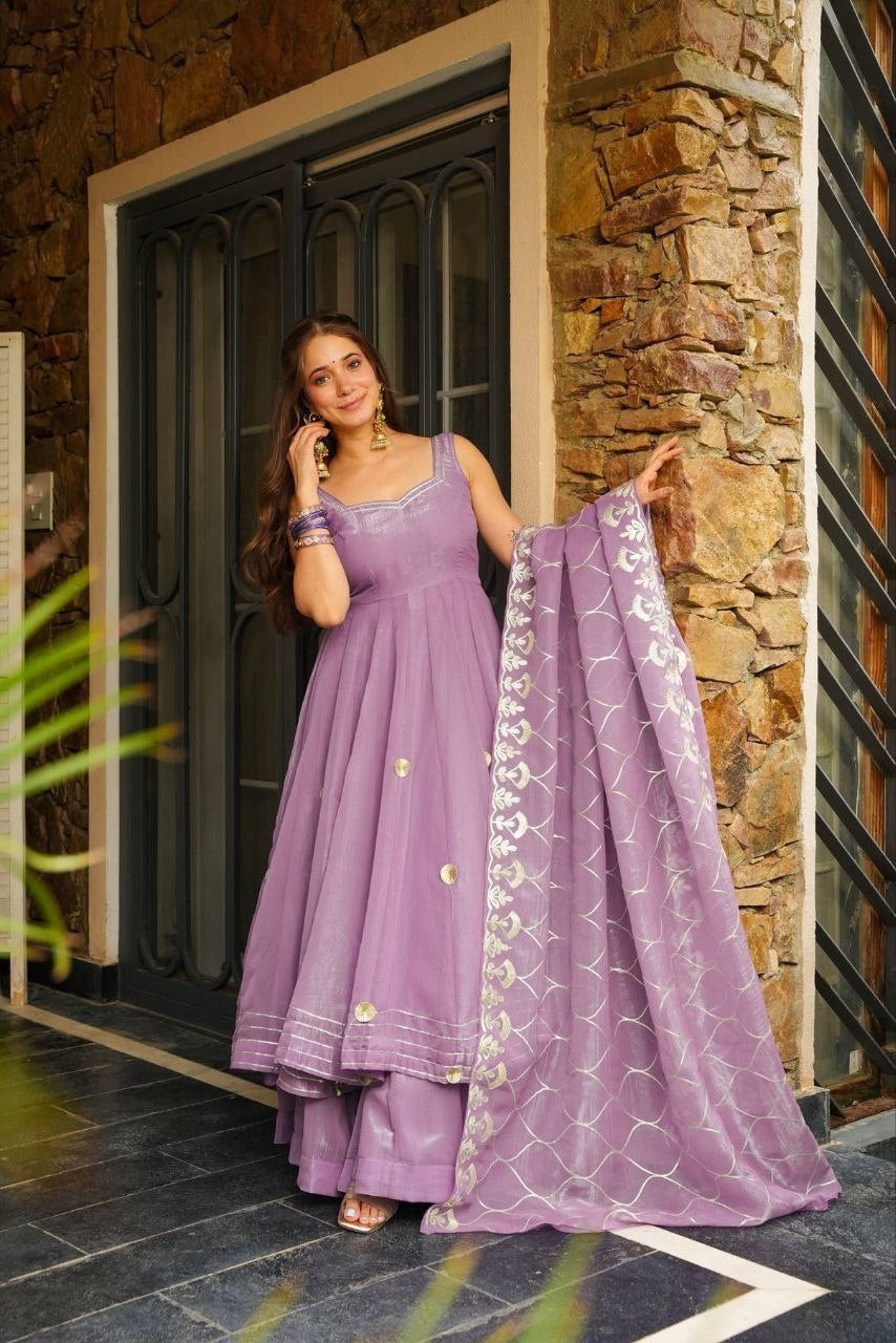 Womenline Lavender Flared Anarkali Sharara Set with Embroidered Dupatta