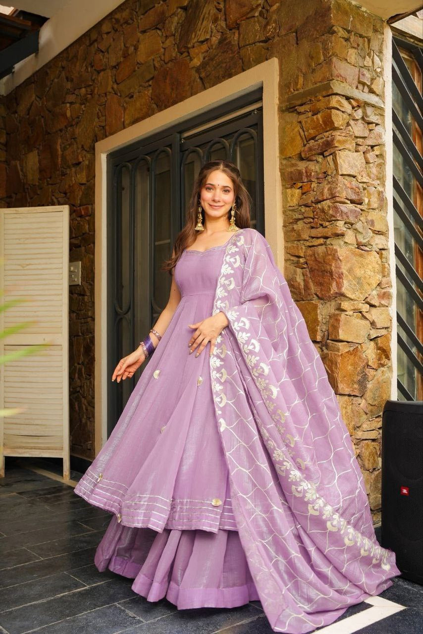 Womenline Lavender Flared Anarkali Sharara Set with Embroidered Dupatta
