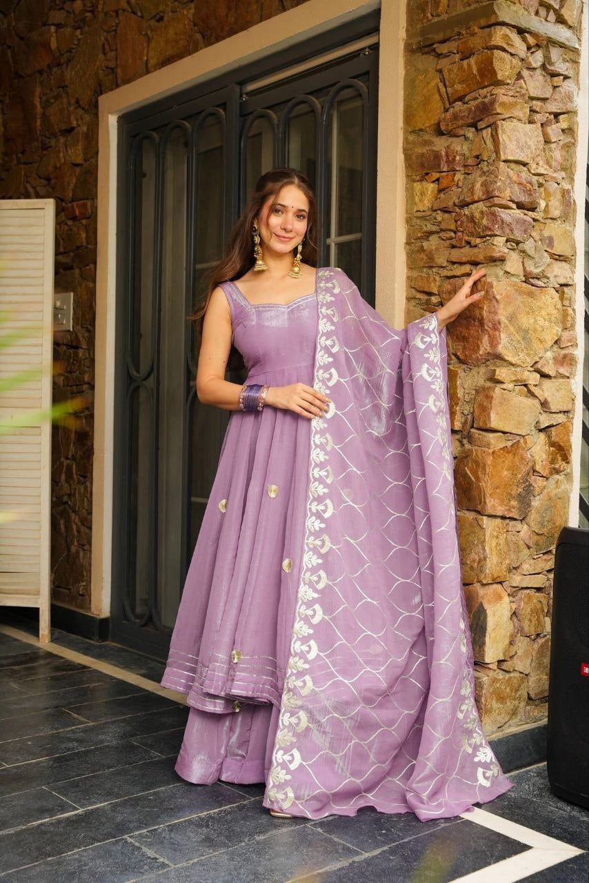 Womenline Lavender Flared Anarkali Sharara Set with Embroidered Dupatta