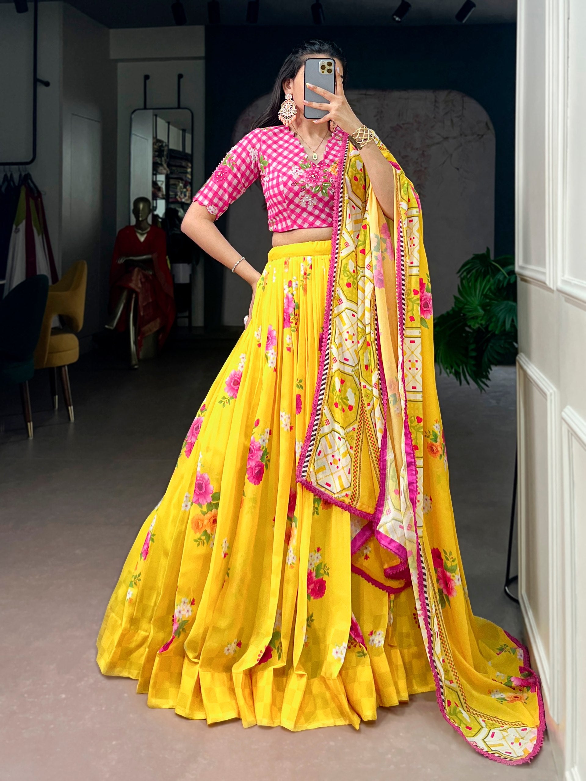 Womenline Bright Yellow Bloom Designer Lehenga With Dupatta