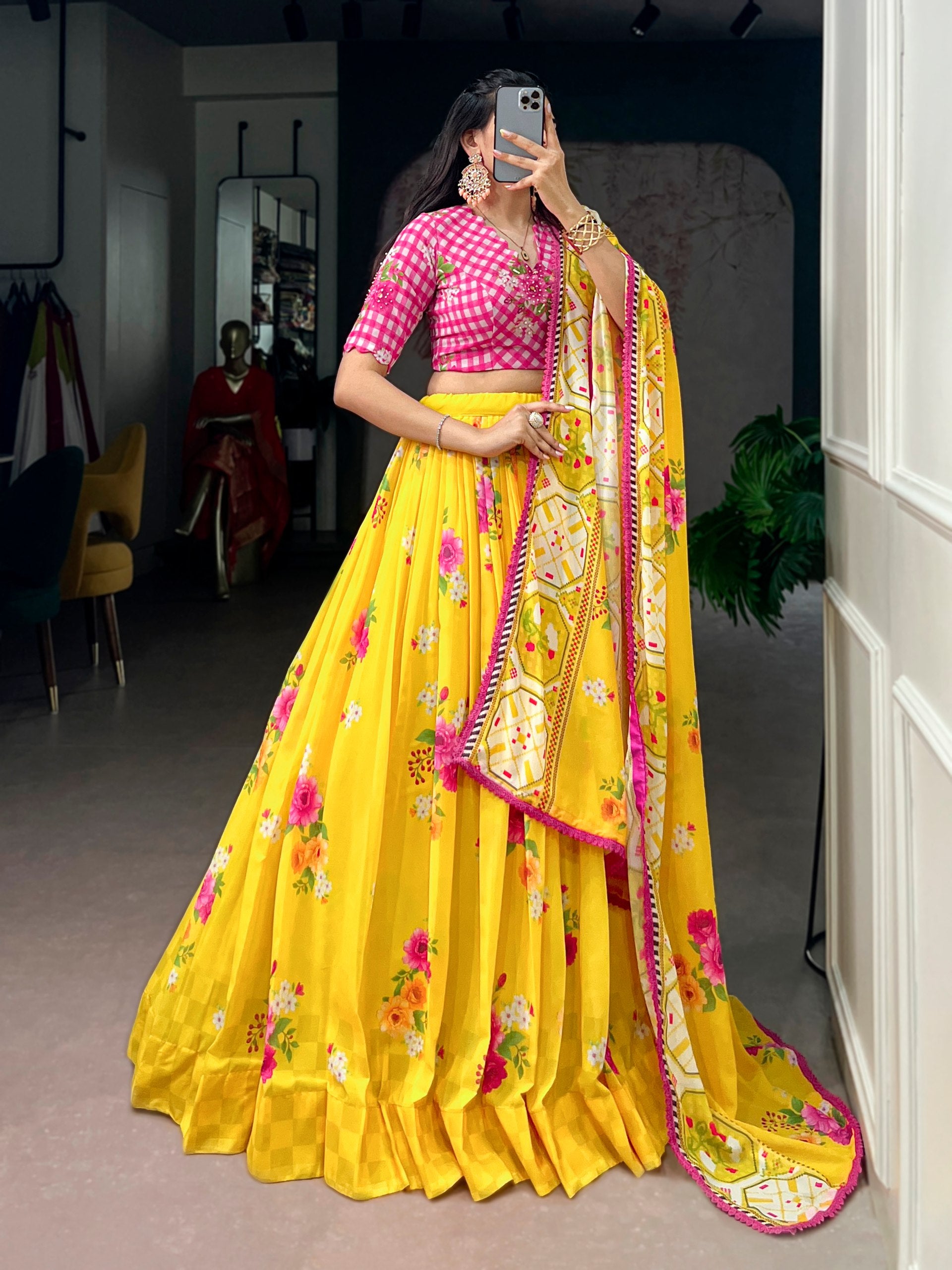 Womenline Bright Yellow Bloom Designer Lehenga With Dupatta