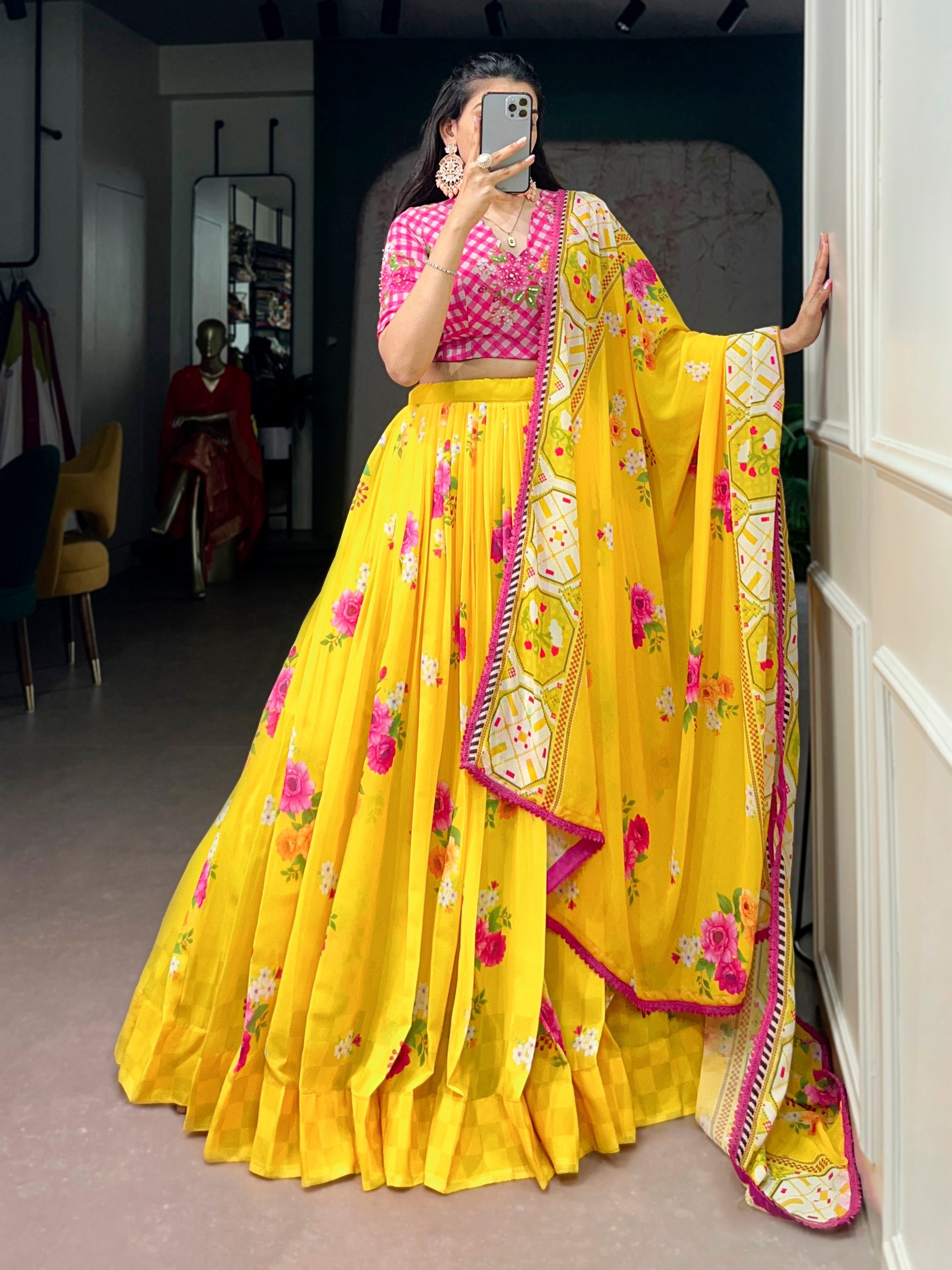 Womenline Bright Yellow Bloom Designer Lehenga With Dupatta