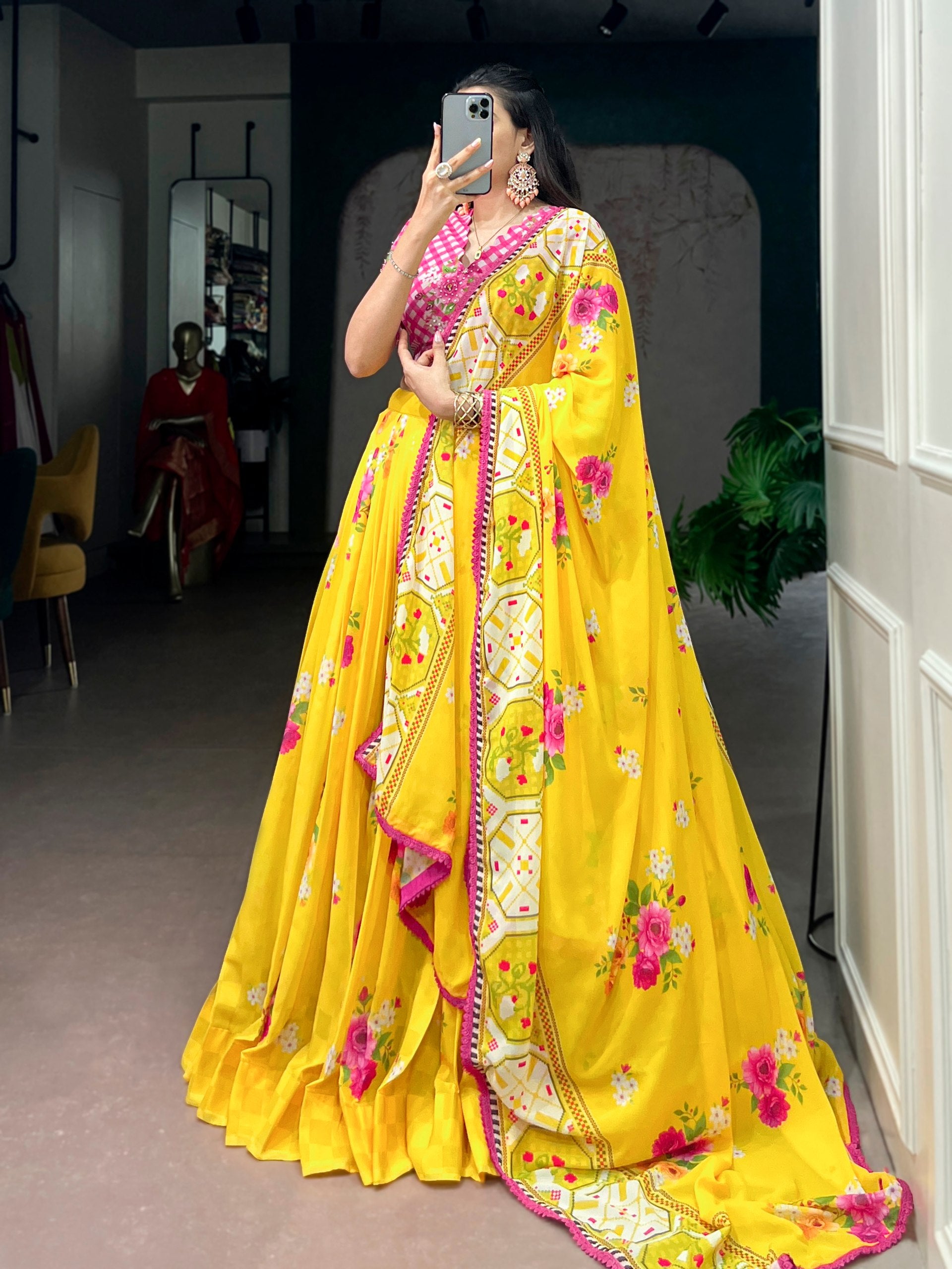 Womenline Bright Yellow Bloom Designer Lehenga With Dupatta