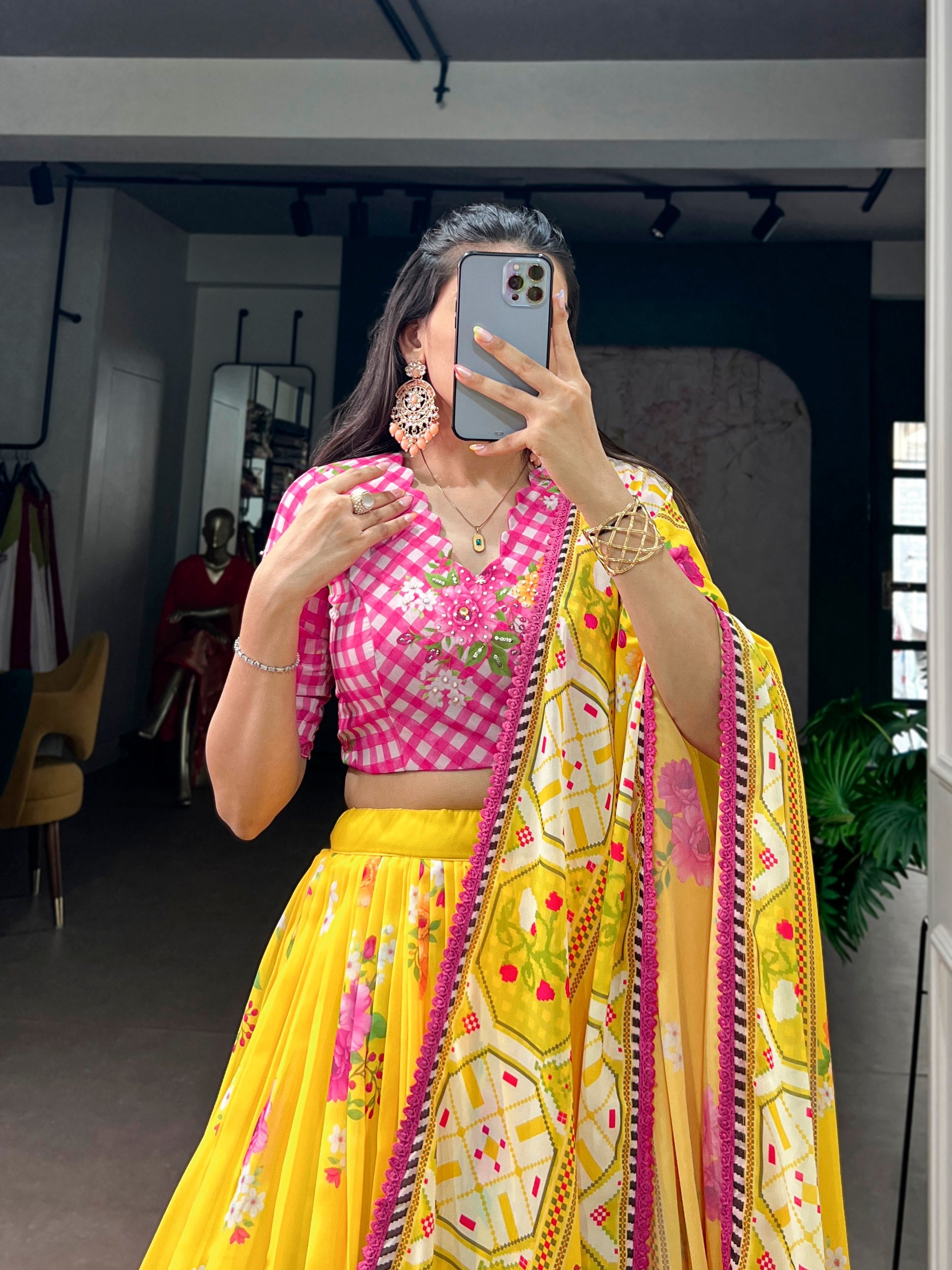 Womenline Bright Yellow Bloom Designer Lehenga With Dupatta