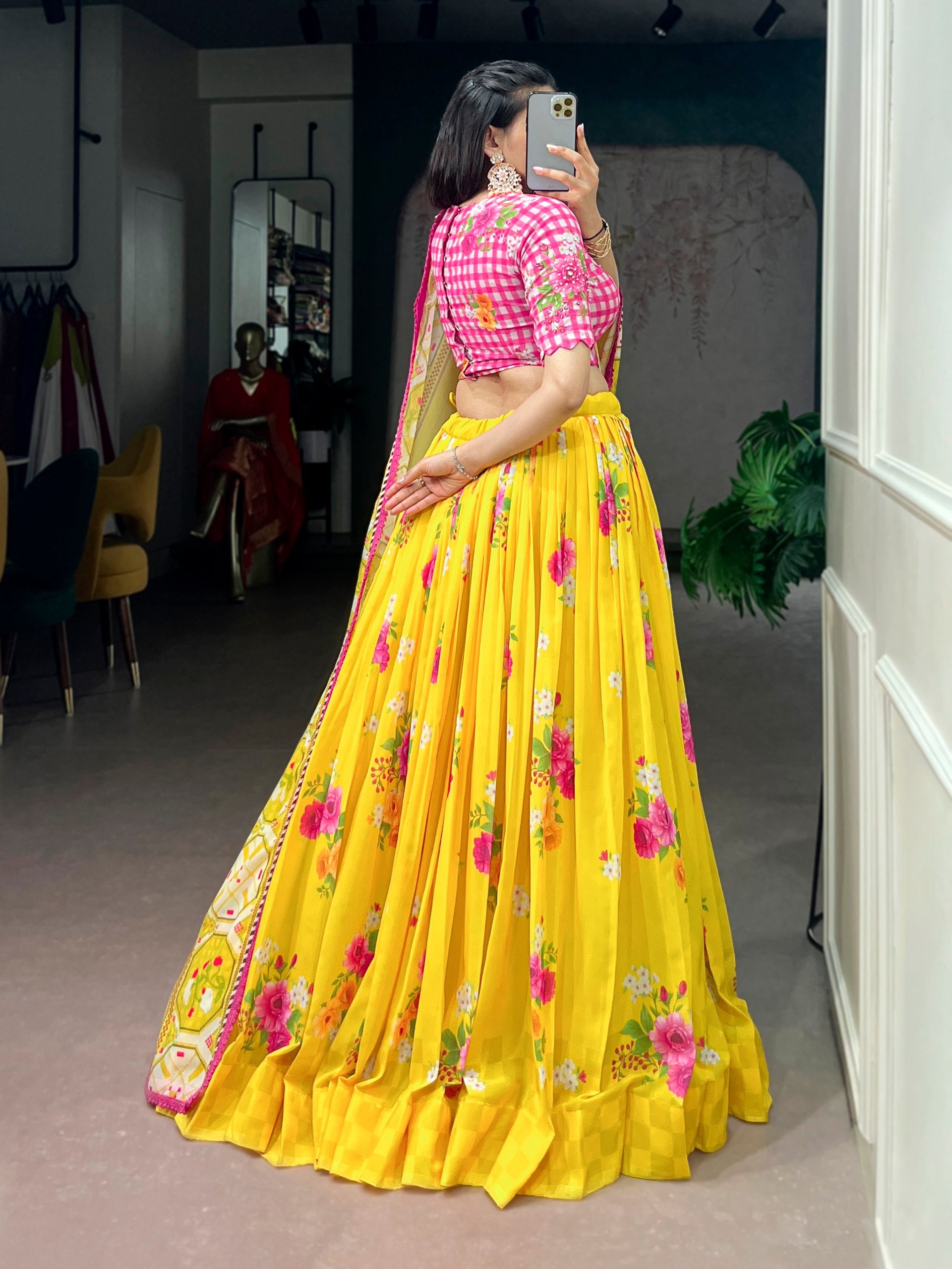 Womenline Bright Yellow Bloom Designer Lehenga With Dupatta