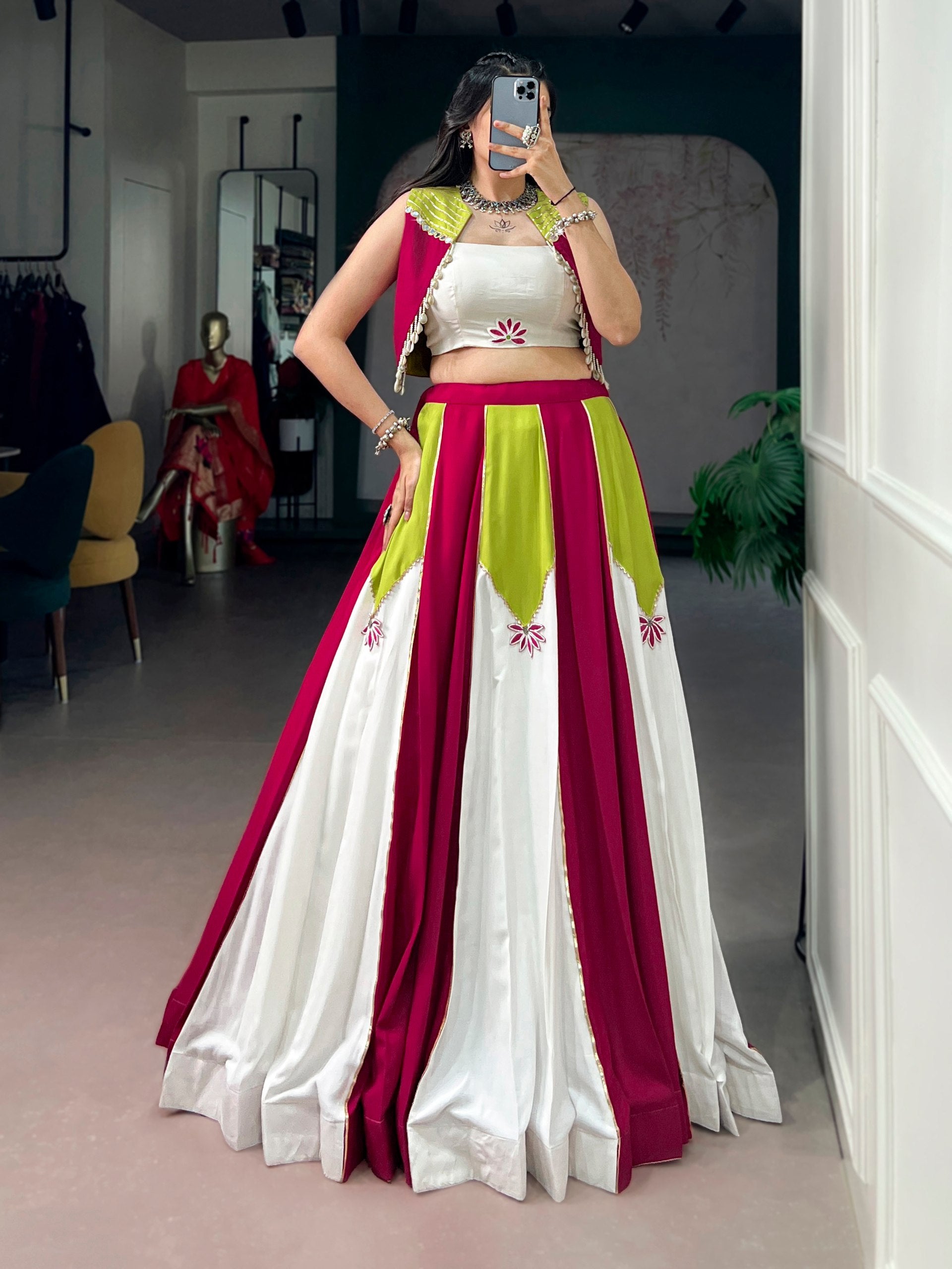 Womenline Fuchsia Lime Colorblock Designer Lehenga Set