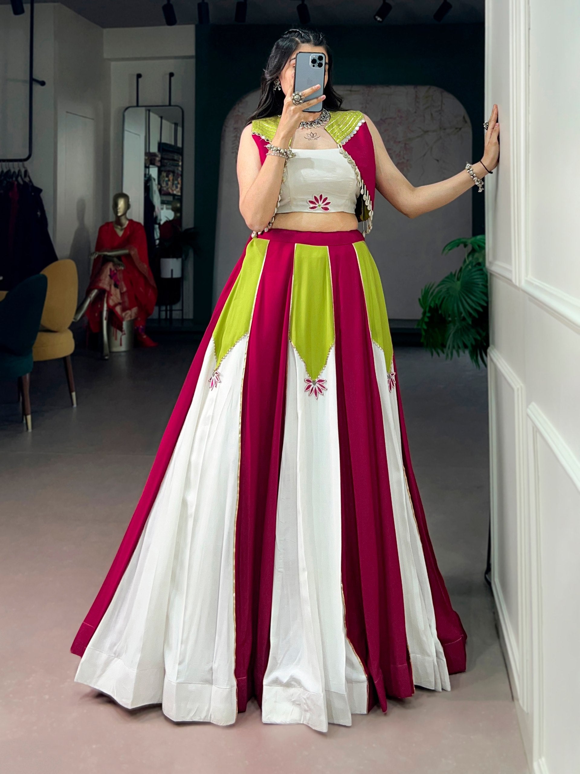 Womenline Fuchsia Lime Colorblock Designer Lehenga Set
