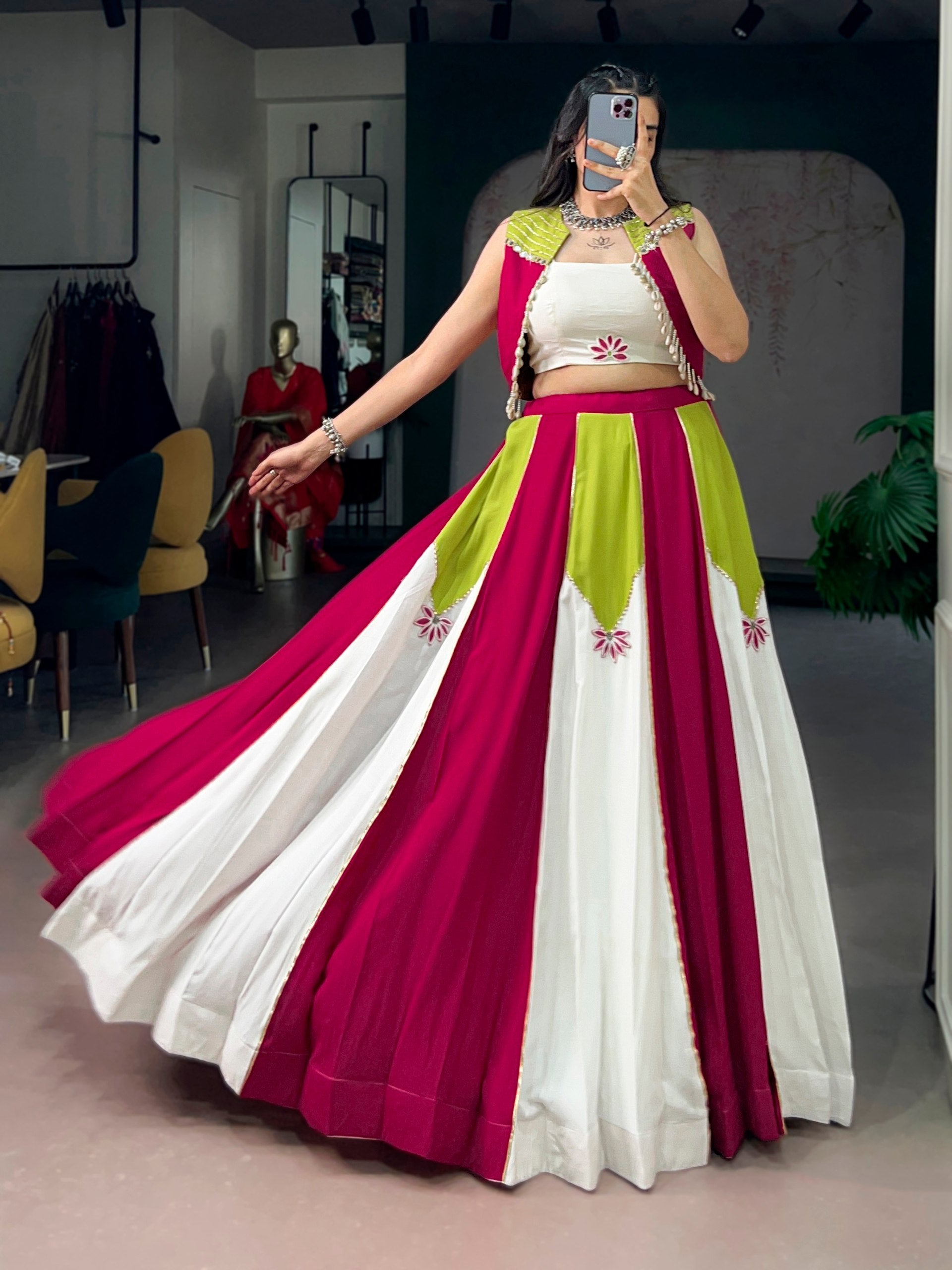 Womenline Fuchsia Lime Colorblock Designer Lehenga Set
