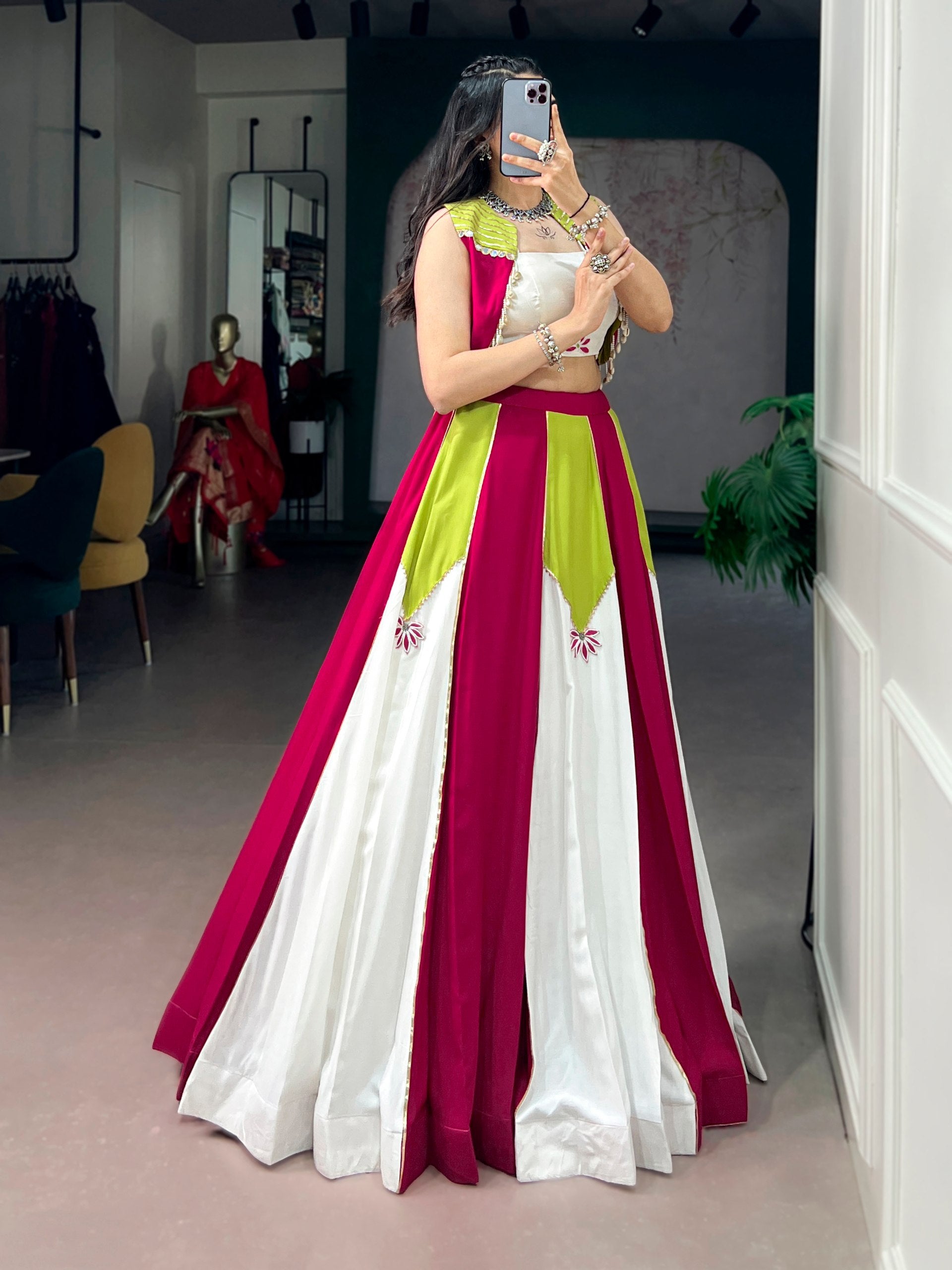 Womenline Fuchsia Lime Colorblock Designer Lehenga Set