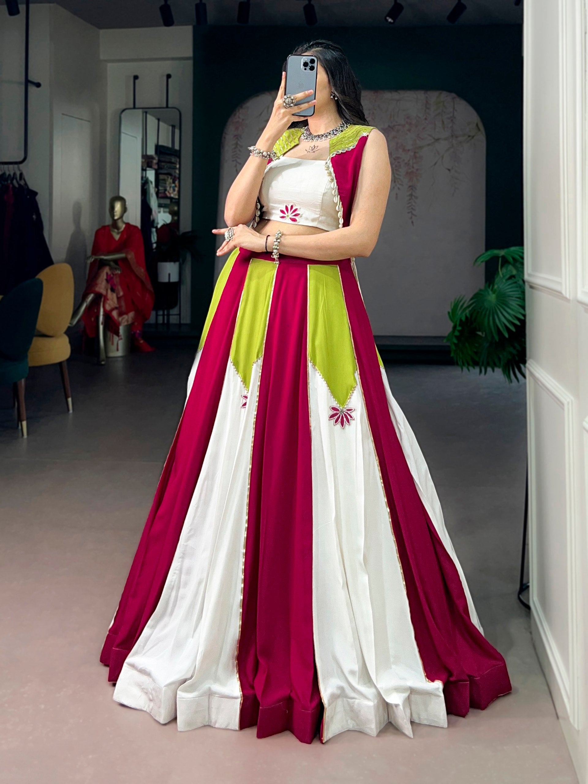 Womenline Fuchsia Lime Colorblock Designer Lehenga Set