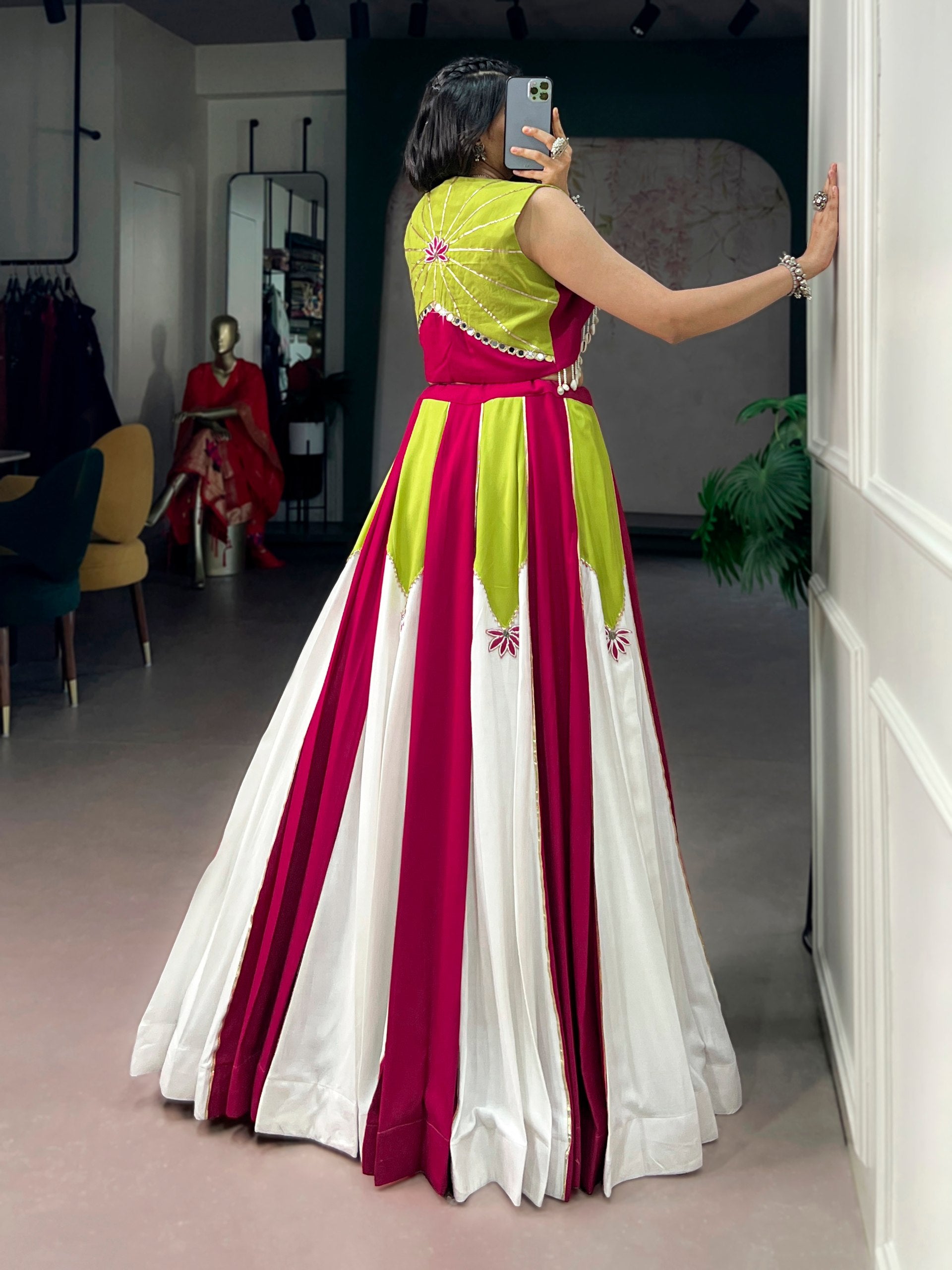 Womenline Fuchsia Lime Colorblock Designer Lehenga Set